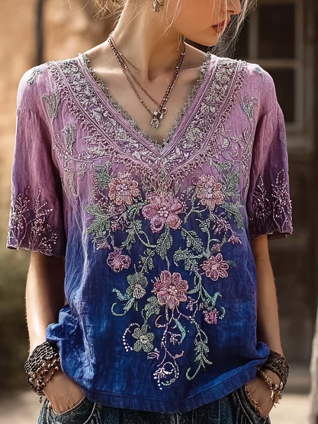 Women's plant and flower pattern printed gradient color casual cotton and linen T-shirt gracestitchs