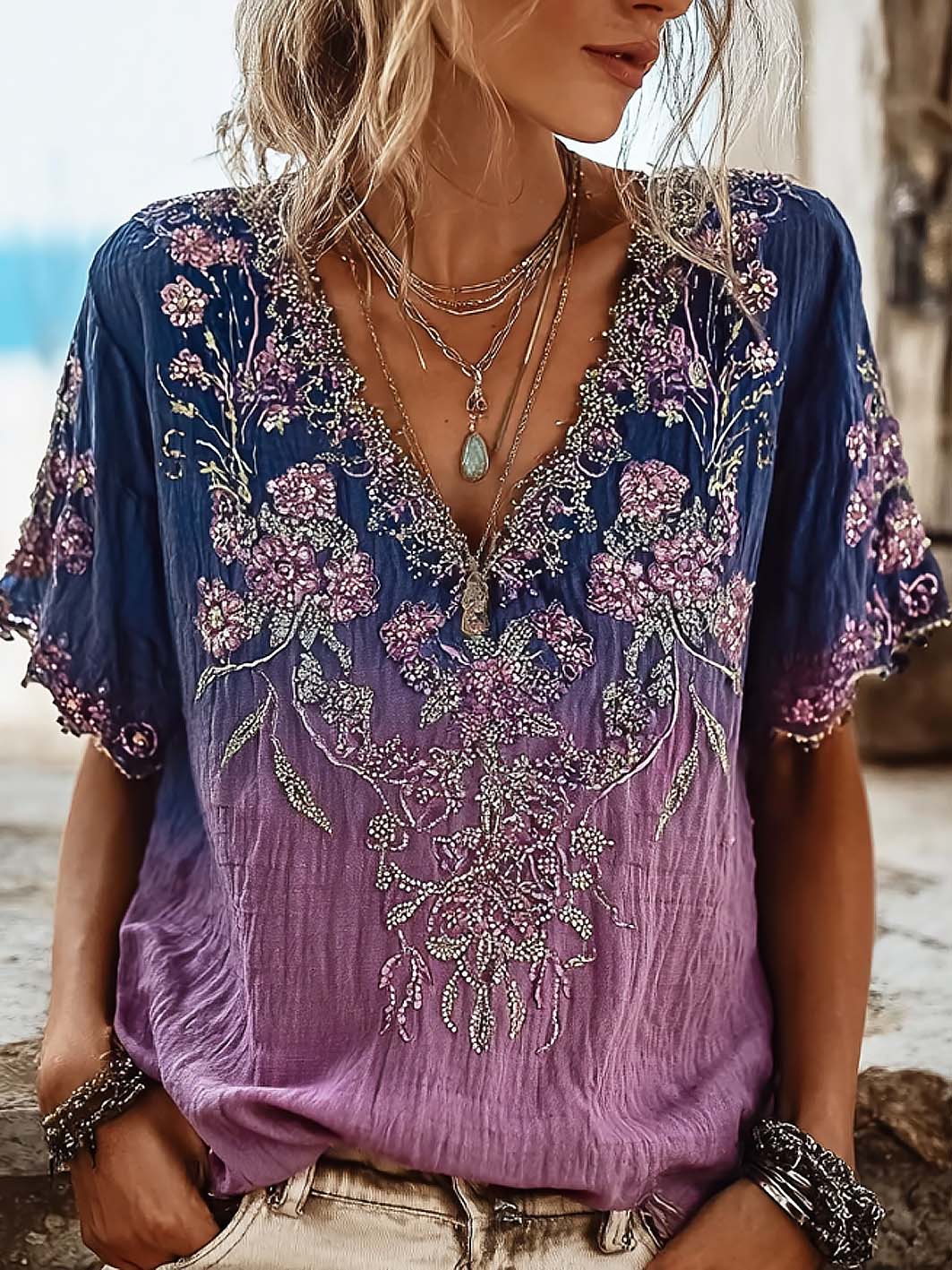 Women's plant and flower pattern printed gradient color casual cotton and linen T-shirt gracestitchs