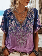 Women's plant and flower pattern printed gradient color casual cotton and linen T-shirt gracestitchs