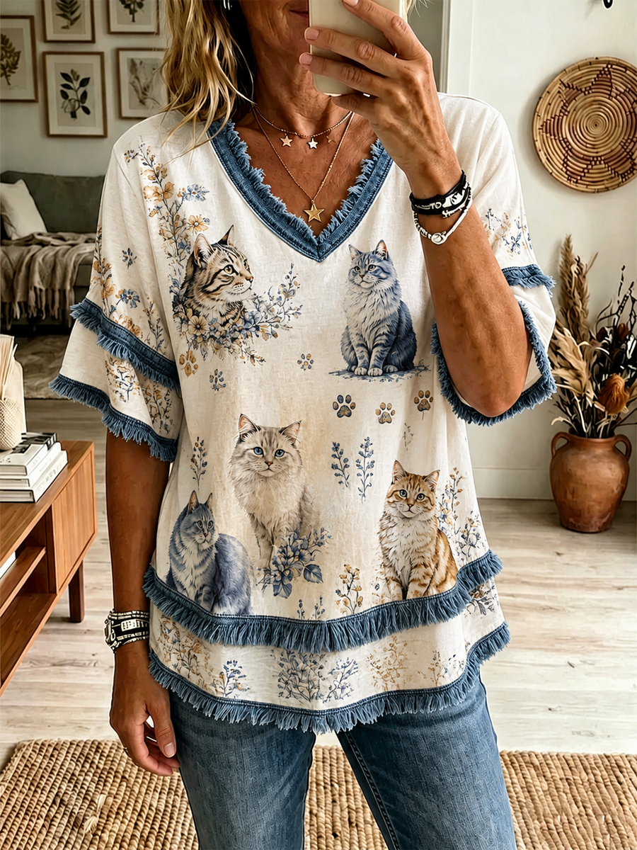 Women's Cat Printed Cotton-Linen Shirt gracestitchs