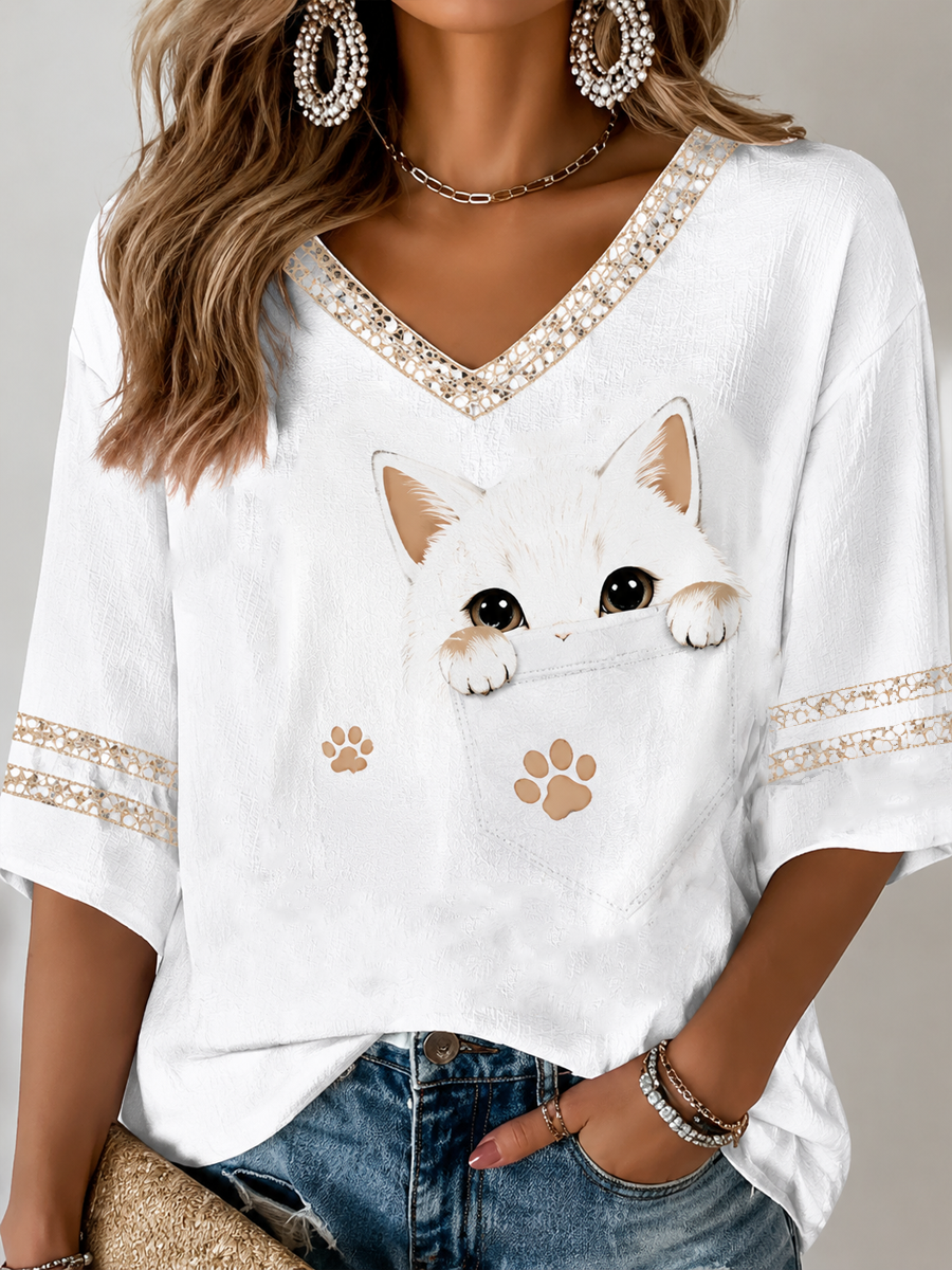 Women's Cat Printed Mid-length Sleeves V-Neck T-Shirt gracestitchs