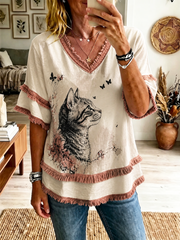 Women's Cat Printed Cotton-Linen Shirt gracestitchs