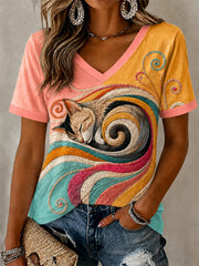 Women's Artistic Cats Print Casual V-Neck Tee gracestitchs