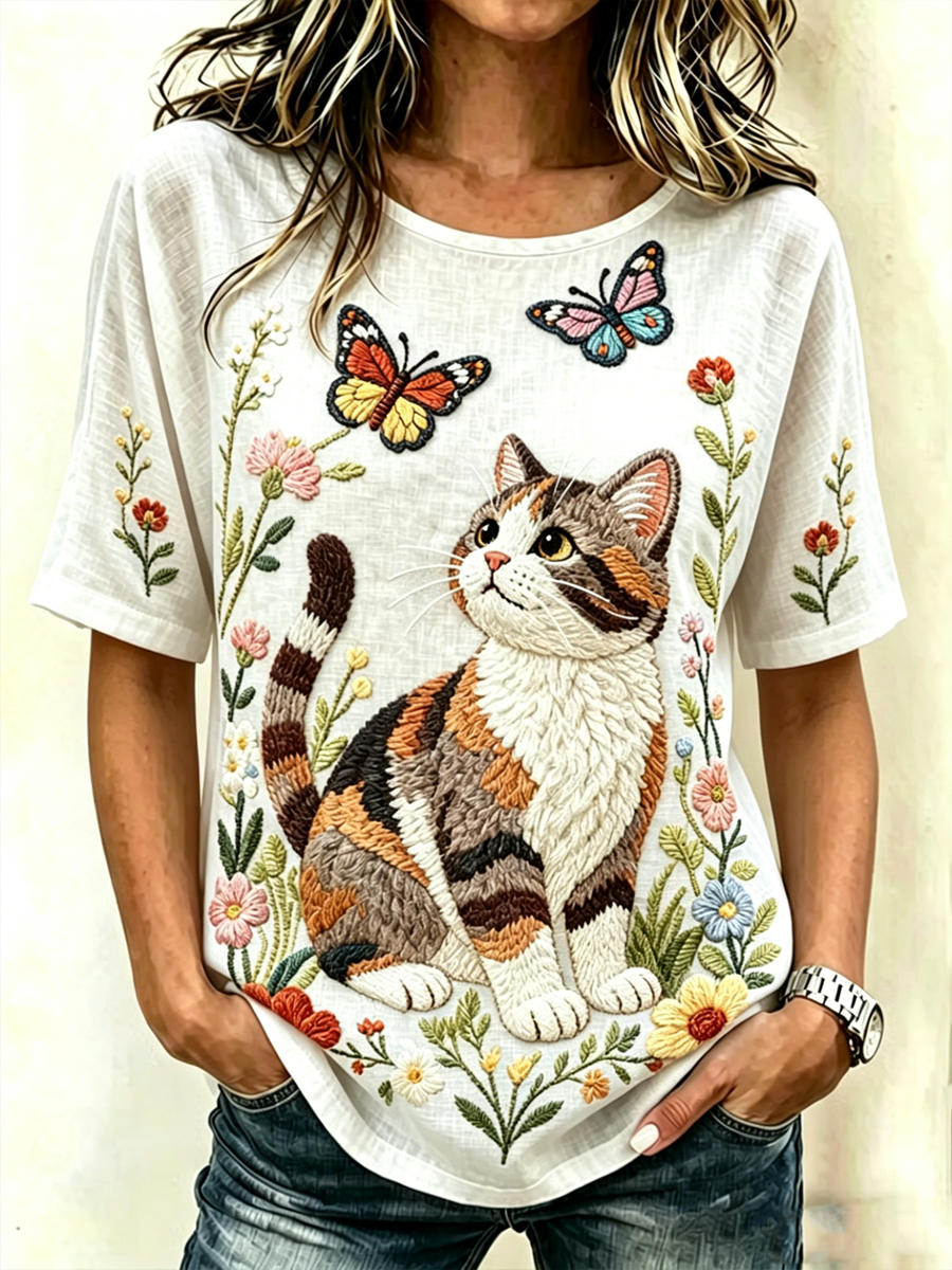 Women's Cute Cat Print linen short-sleeved T-shirt gracestitchs
