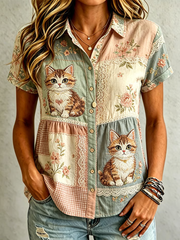 Women's Cute Cat Print Cotton-Linen Shirt gracestitchs