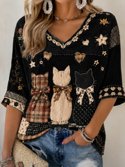 Women's Cat Printed Mid-length Sleeves V-Neck T-Shirt gracestitchs