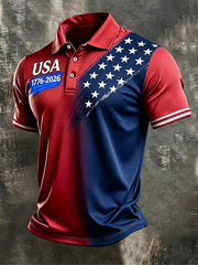 Men's Independence Day USA Flag Print Casual Patriotic Polo gracestitchs