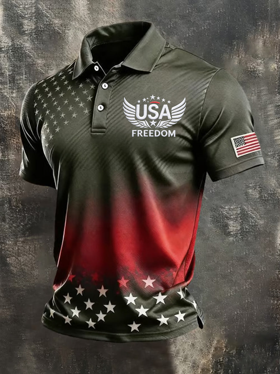 Men's Independence Day USA Flag Print Casual Patriotic Polo gracestitchs