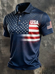 Men's Independence Day USA Flag Print Casual Patriotic Polo gracestitchs