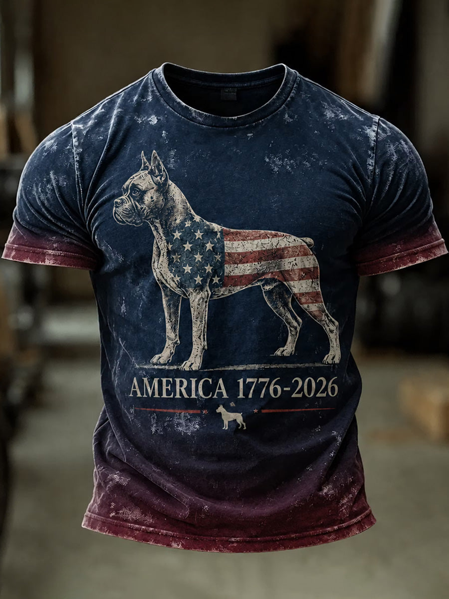 Men's Independence Day USA Flag Dog Print Casual Patriotic Tee gracestitchs