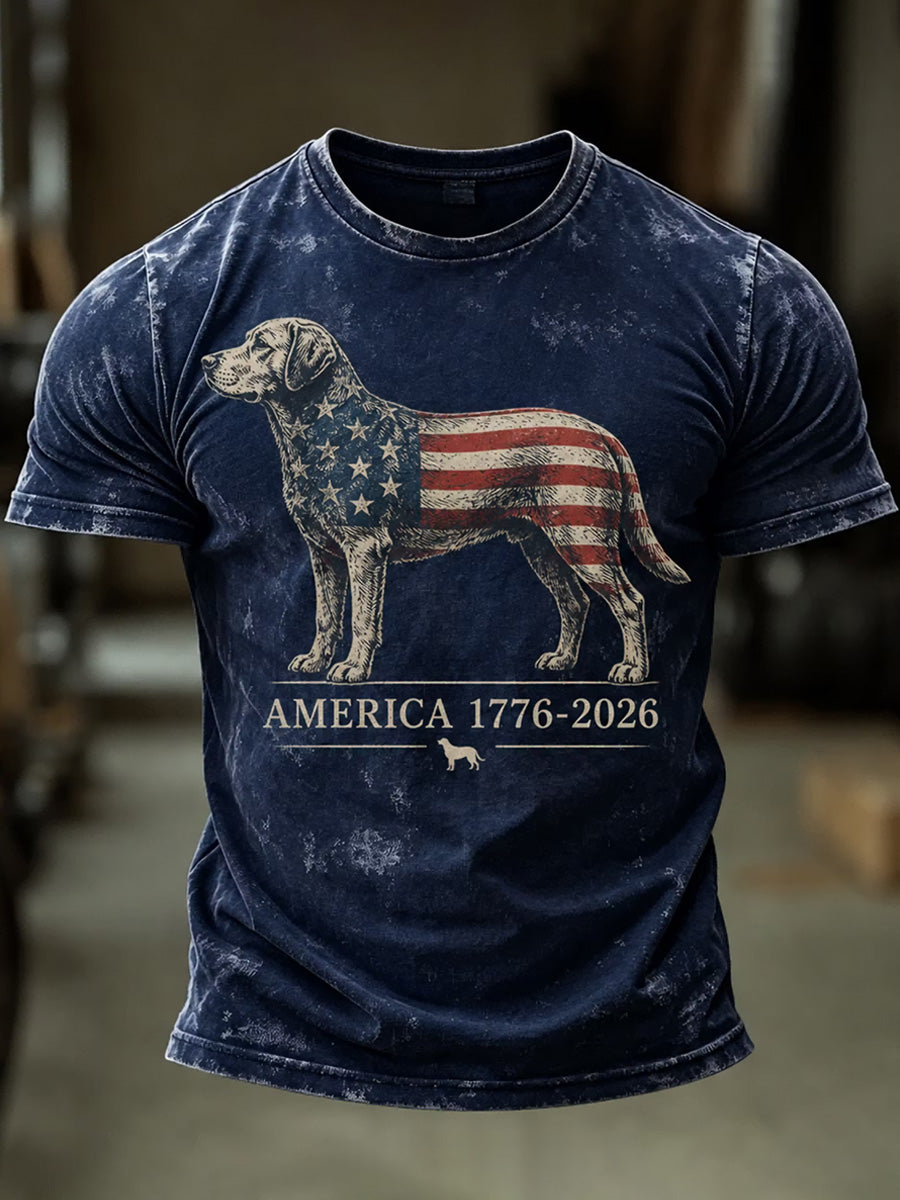 Men's Independence Day USA Flag Dog Print Casual Patriotic Tee gracestitchs