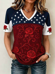 Women's Floral Independence Day Print Casual Patriotic V-Neck Tee gracestitchs