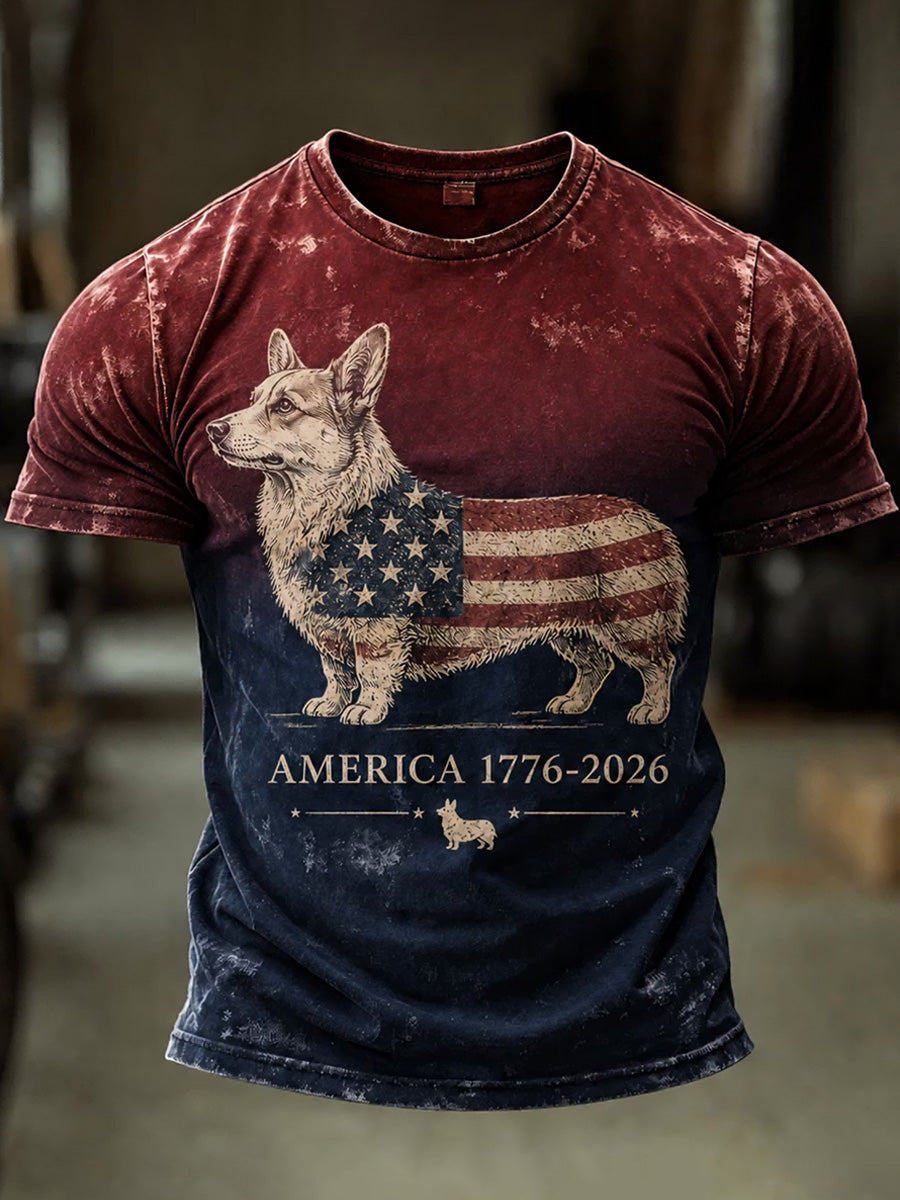 Men's Independence Day USA Flag Dog Print Casual Patriotic Tee gracestitchs
