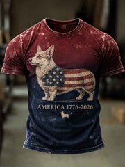 Men's Independence Day USA Flag Dog Print Casual Patriotic Tee gracestitchs