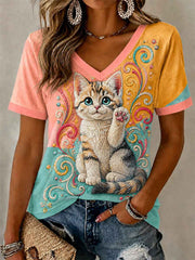 Women's Artistic Cat Print Casual V-Neck Tee