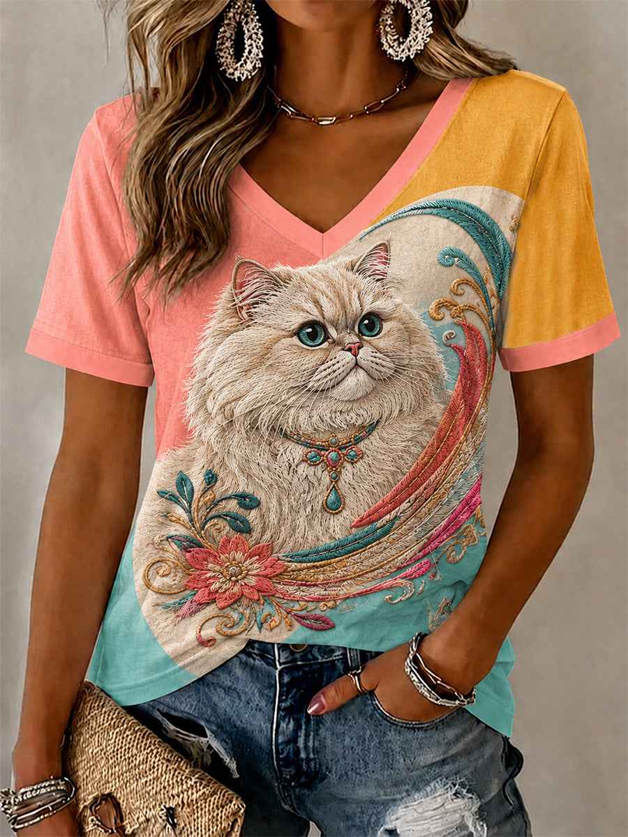 Women's Artistic Cat Print Casual V-Neck Tee