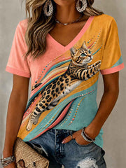 Women's Artistic Cat Print Casual V-Neck Tee
