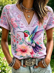 Women's Floral Hummingbird Print Casual V-Neck Top