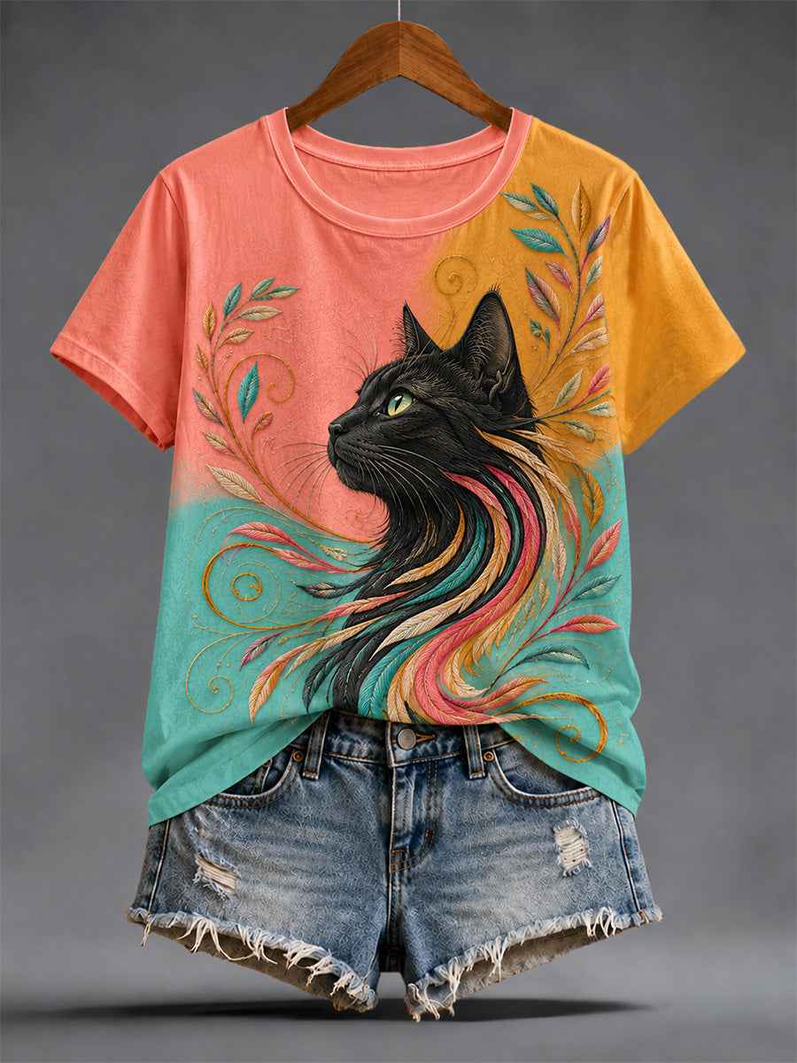 Women's Artistic Cat Print Casual Tee
