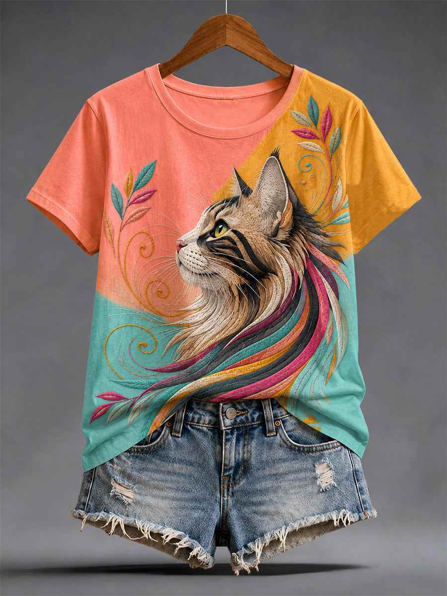 Women's Artistic Cat Print Casual Tee
