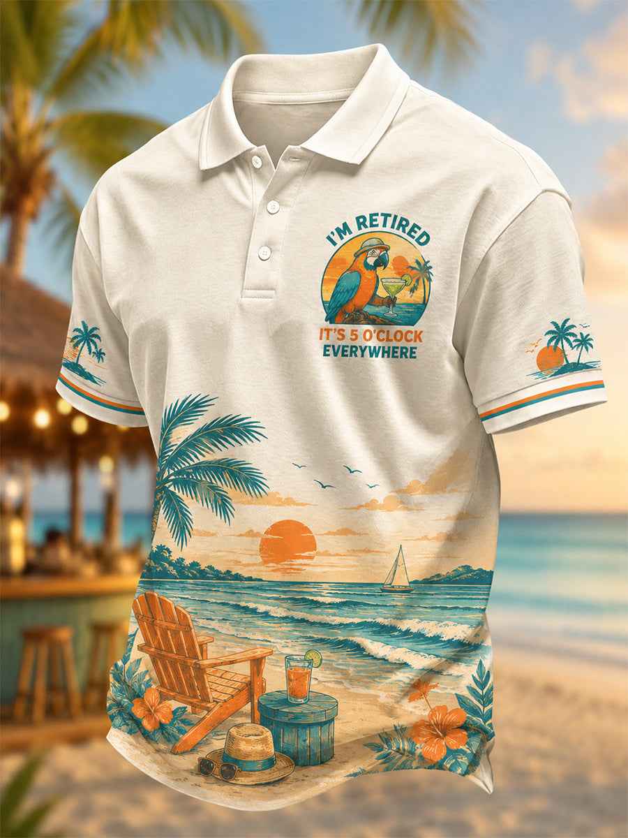 Men's I'm Retired It's 5 O'clock Everywhere Parrot Print Casual Polo