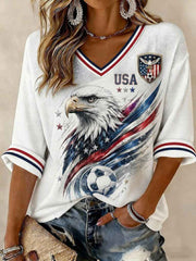 Women's USA Football Printed Mid-length Sleeves V-Neck T-shirt