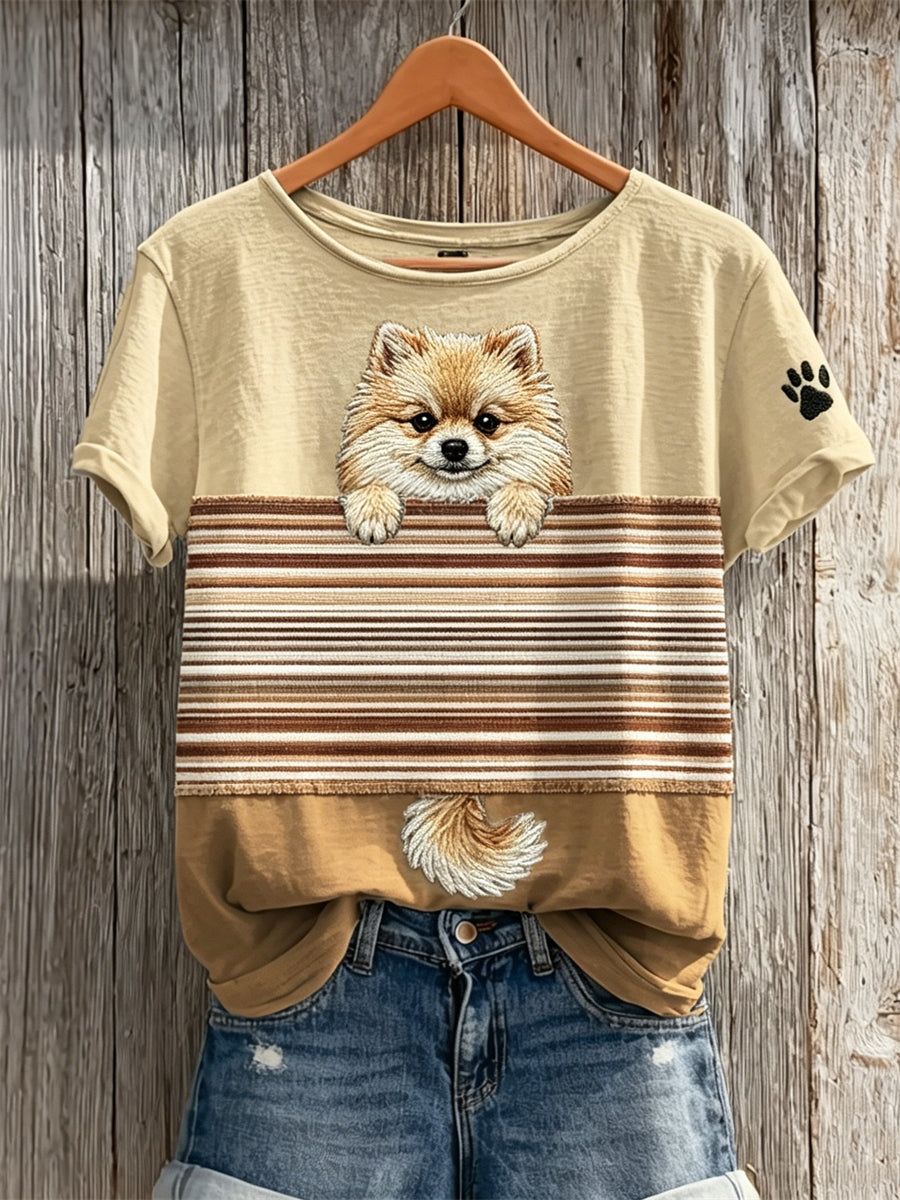 Women's Peeking Pom Dog Colorblock Print short-sleeved T-shirt gracestitchs