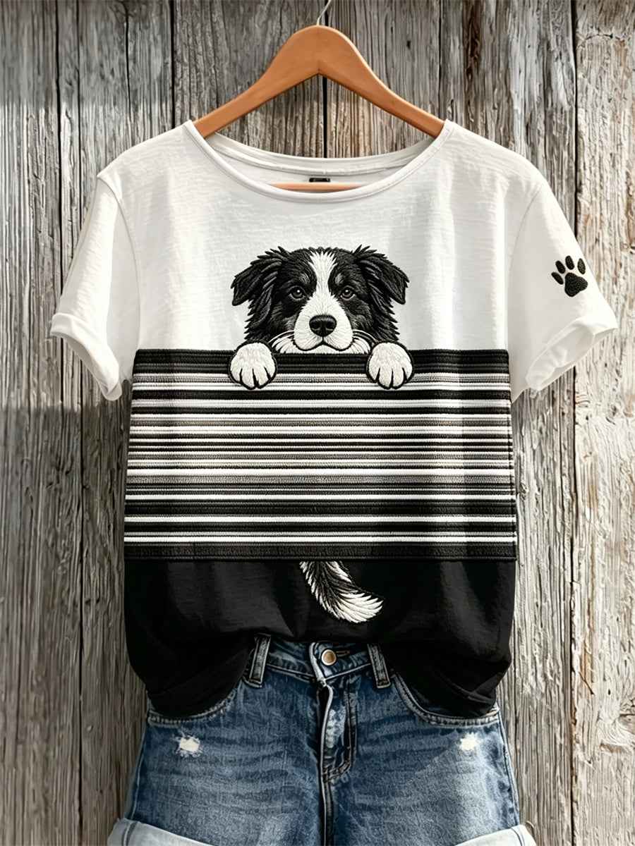 Women's Peeking Border Collie Dog & Paw Print Colorblock Print short-sleeved T-shirt gracestitchs