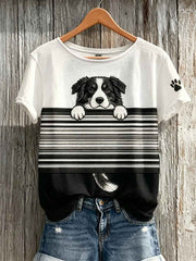 Women's Peeking Border Collie Dog & Paw Print Colorblock Print short-sleeved T-shirt gracestitchs