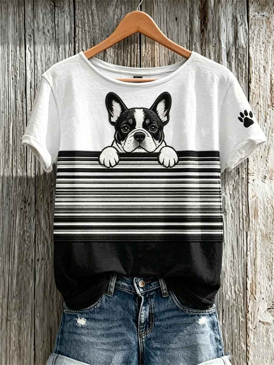 Women's Peeking Bulldog & Paw Print Colorblock Print short-sleeved T-shirt gracestitchs