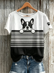 Women's Peeking Bulldog & Paw Print Colorblock Print short-sleeved T-shirt gracestitchs