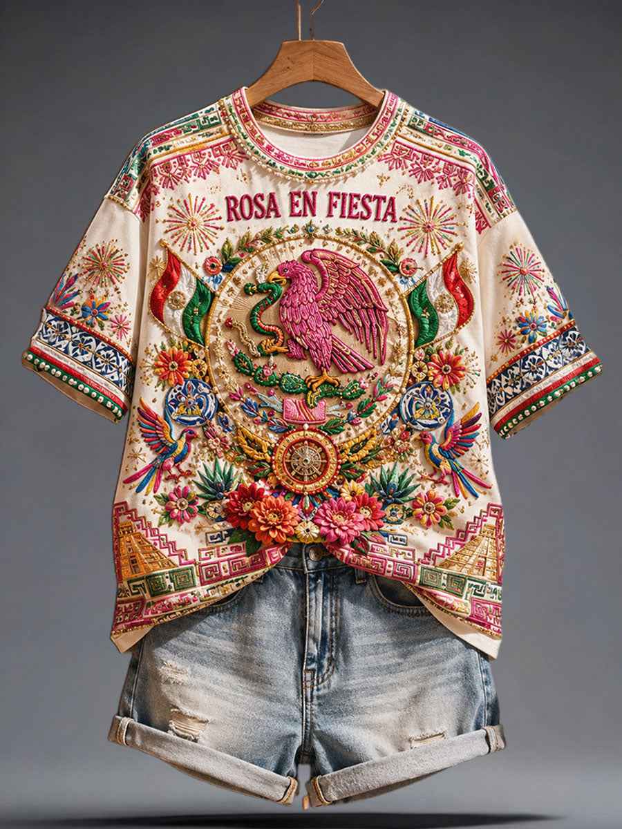 Women's Mexico Pride Art Printed Linen T-shirt gracestitchs