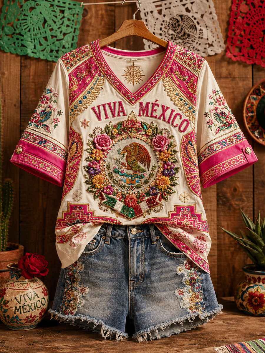 Women's Mexico Pride Art Printed Linen T-shirt gracestitchs