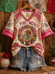 Women's Mexico Pride Art Printed Linen T-shirt gracestitchs