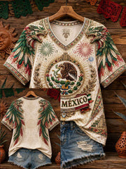Women's Mexico Pride Art Printed Linen T-shirt gracestitchs