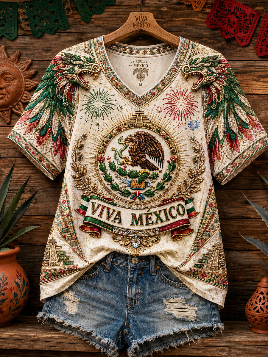 Women's Mexico Pride Art Printed Linen T-shirt gracestitchs