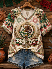 Women's Mexico Pride Art Printed Linen T-shirt gracestitchs