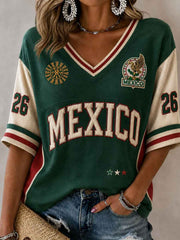 Women's Gift For Football Fans Print Casual Mid-length Sleeves V-Neck T-Shirt
