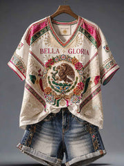 Women's Mexico Pride Art Printed Linen T-shirt gracestitchs