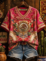 Women's Mexico Pride Art Printed Linen T-shirt gracestitchs