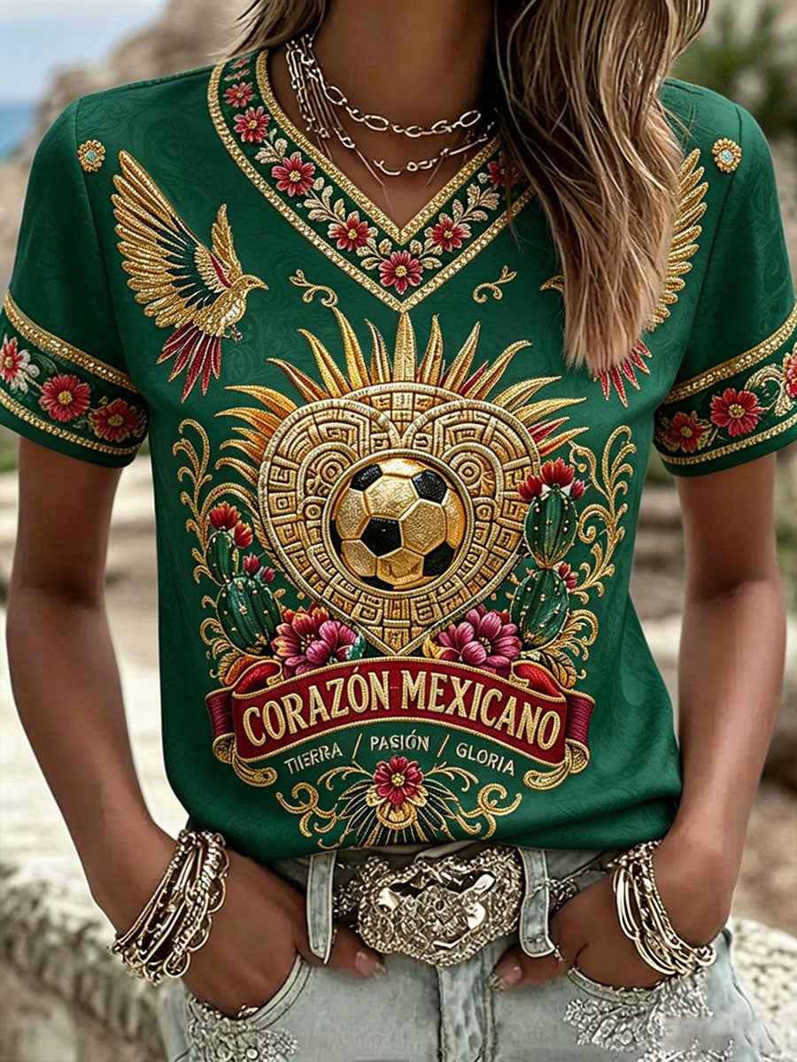 Women's Mexico Football Lover Art Printed T-shirt gracestitchs
