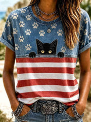 Women's American Flag Cat Print Casual T-Shirt gracestitchs