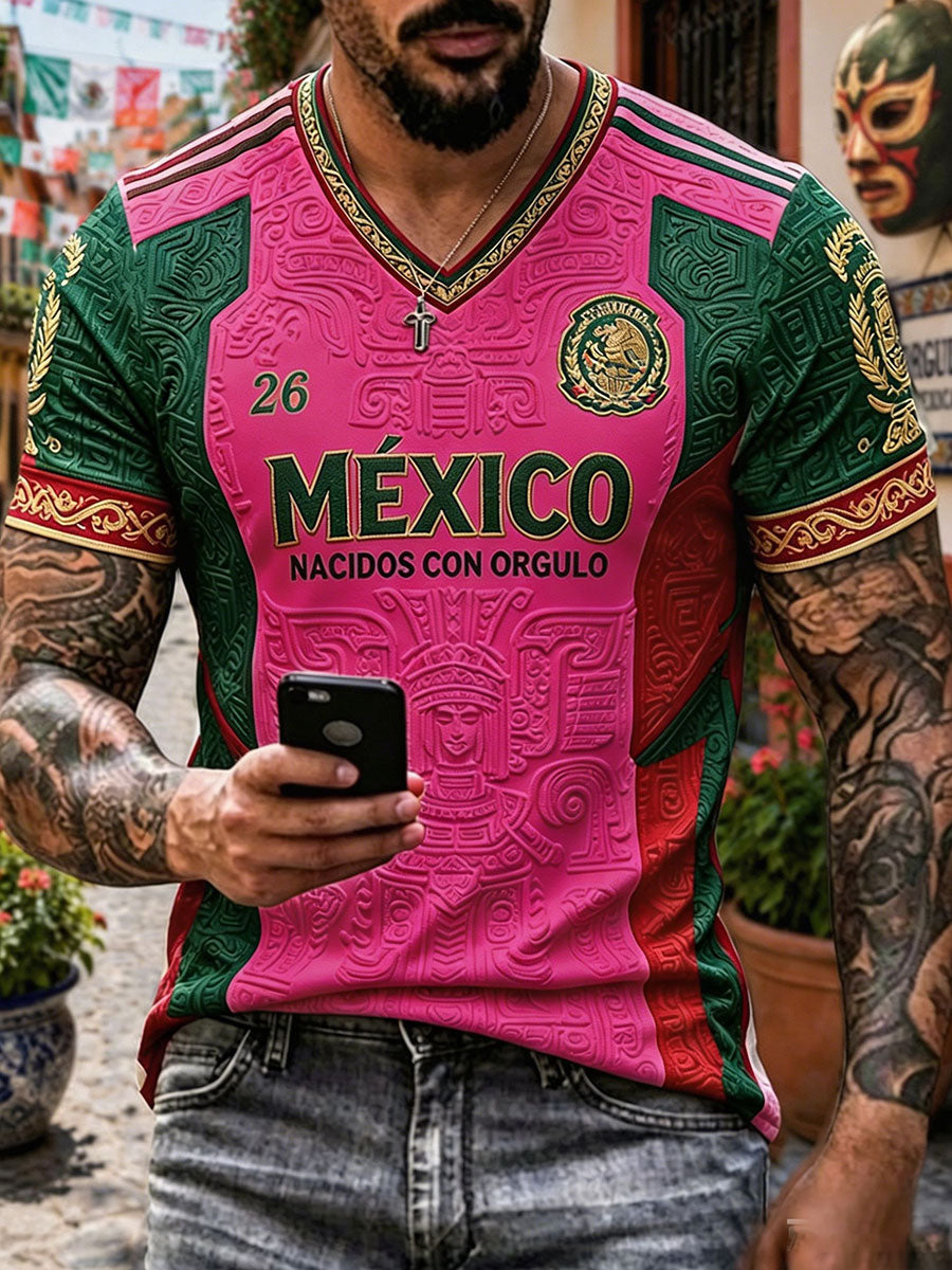 Men's Mexico Football Lover Art Printed V-neck T-shirt gracestitchs