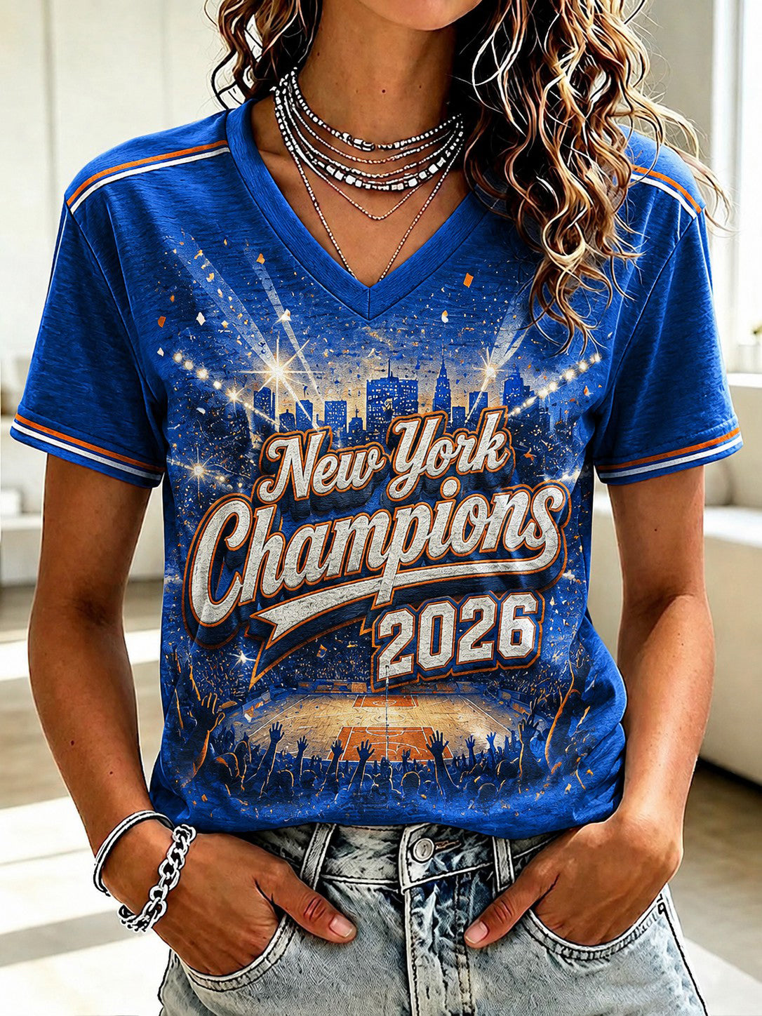 Women's New York Champions 2026 Printed V-neck T-shirt gracestitchs