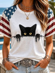 Women's American Flag Cat Print Casual T-Shirt gracestitchs