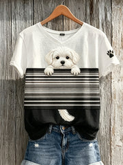 Women's Peeking Maltese Dog Colorblock Print short-sleeved T-shirt gracestitchs