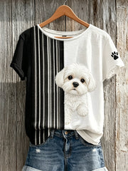 Women's Peeking Maltese Dog & Paw Print Colorblock Print short-sleeved T-shirt gracestitchs