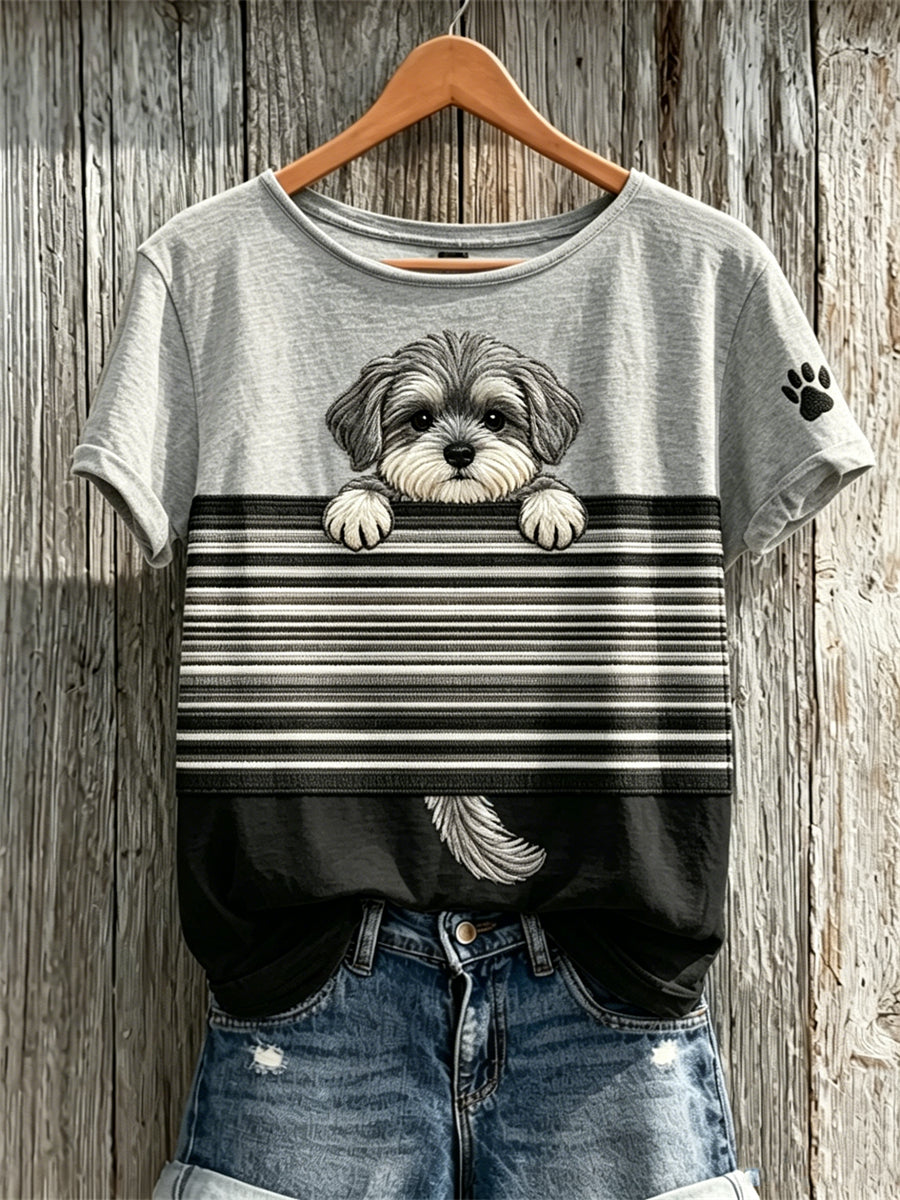 Women's Peeking Schnauzer Dog & Paw Print Colorblock Print short-sleeved T-shirt gracestitchs