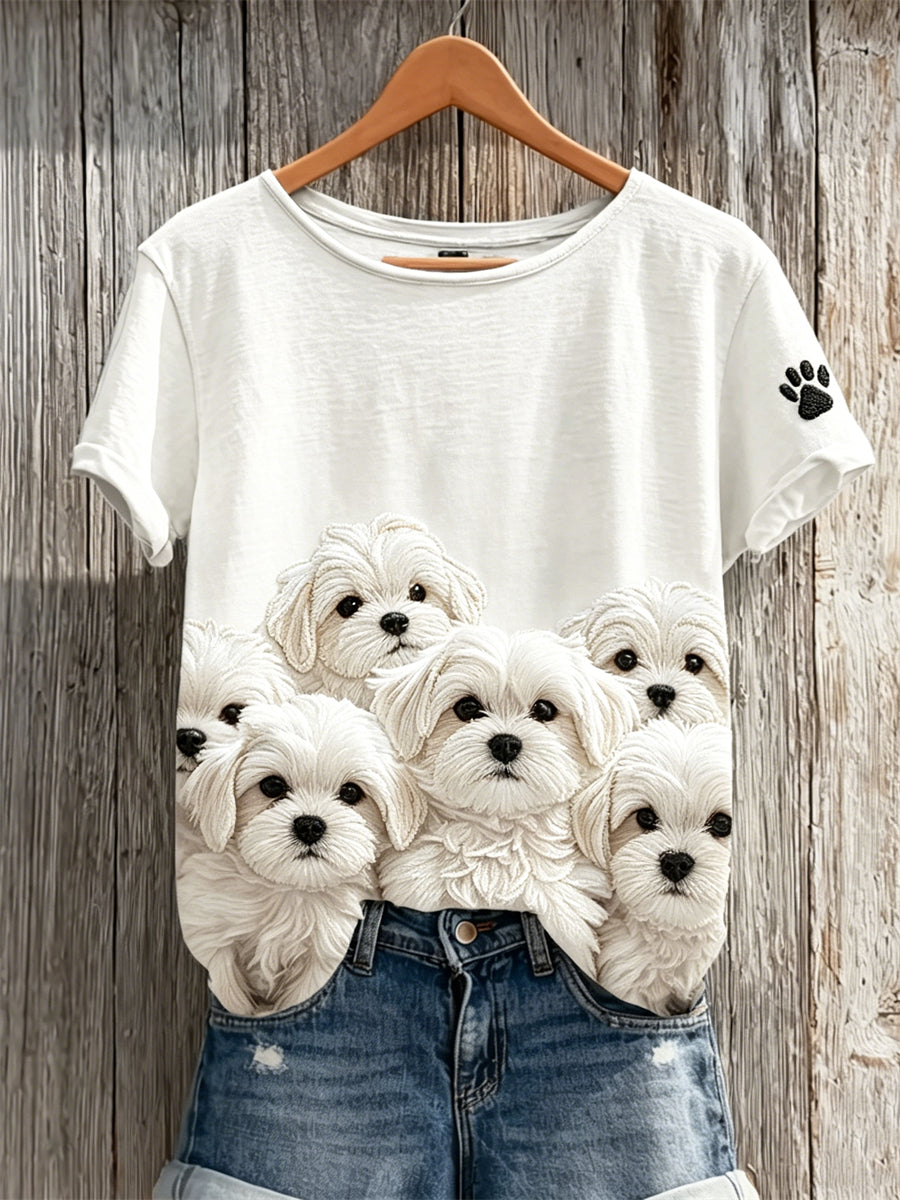 Women's Fuzzy Maltese Dogs Paw Print Print short-sleeved T-shirt gracestitchs