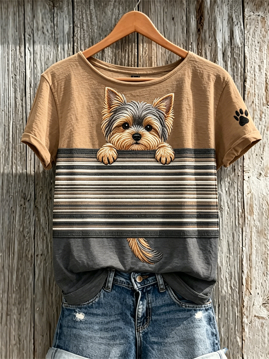 Women's Peeking Yorkshire Dog & Paw Print Colorblock Print short-sleeved T-shirt gracestitchs